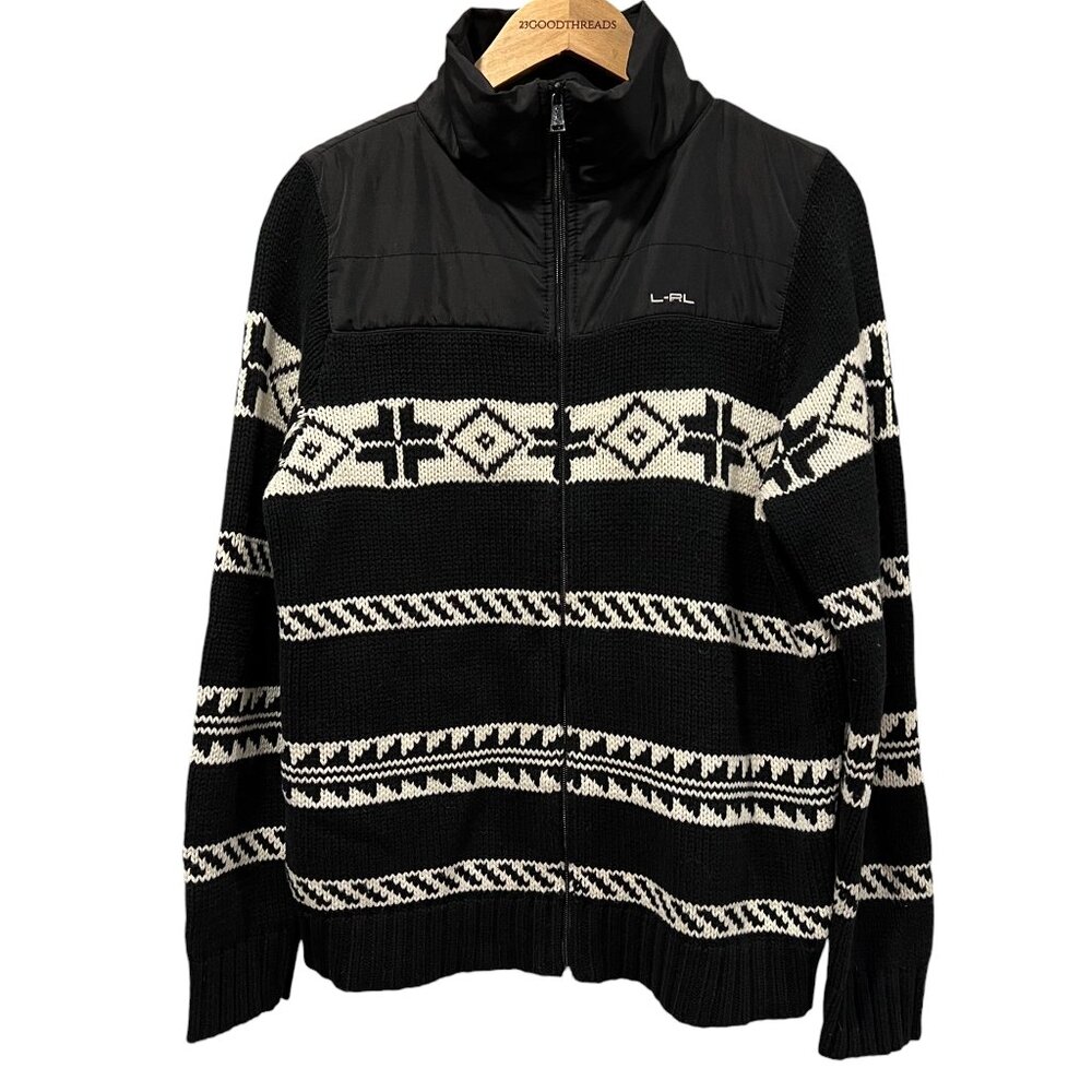 Lauren Ralph Lauren Southwest Full Zip Sweater Cardigan, Black Ivory, XL